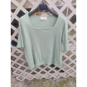 VTG Plus Size 24W Sage Green Knit Top Square Neck Short Sleeve Minimalist 90s